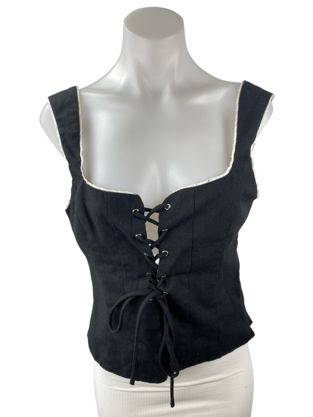 Victoria + Sophia Black Lace Up Corset Bustier Sleeveless Cami Blouse Tank Top L